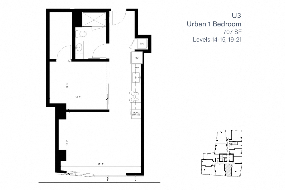 Floor plan for 1 bed, 1 bath, 707 sqft